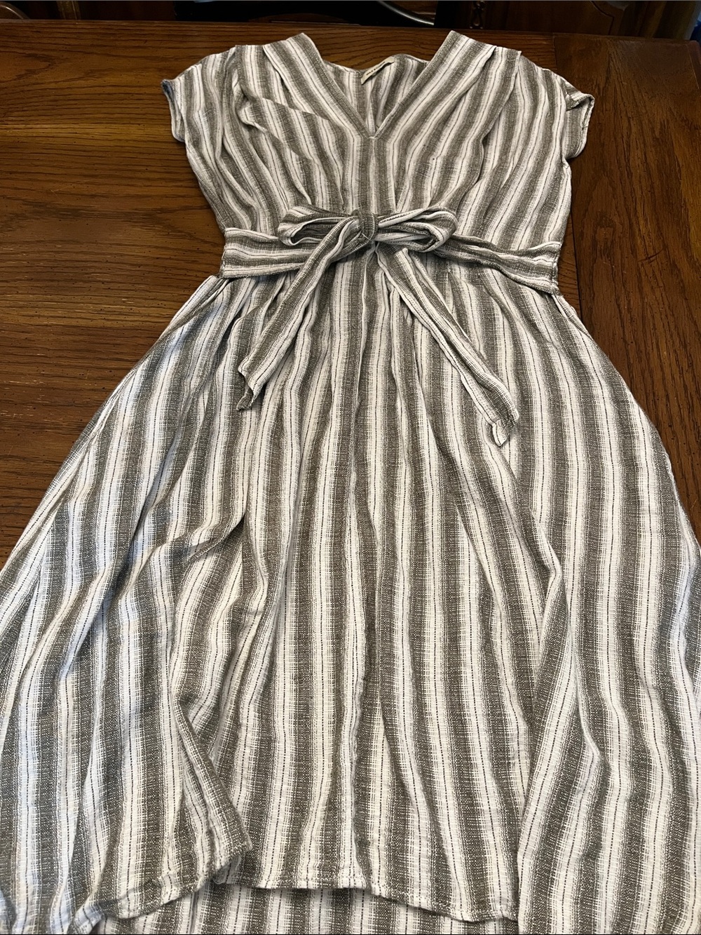 Max Srudio Striped V-neck Tie Waist A-line Dress In Natural/olive, no size found